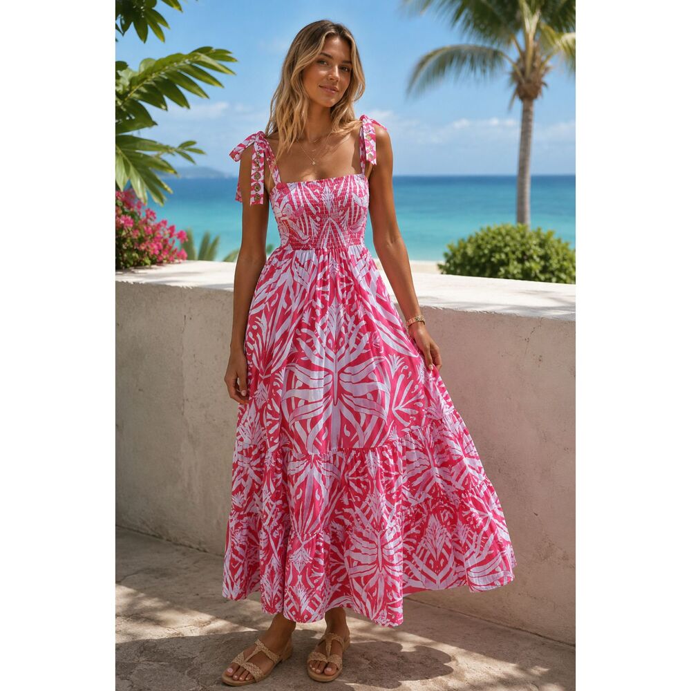 SHERIDAN FRENCH Pink White Tie Strap Tiered Kelly Maxi Dress   Women's Size XS